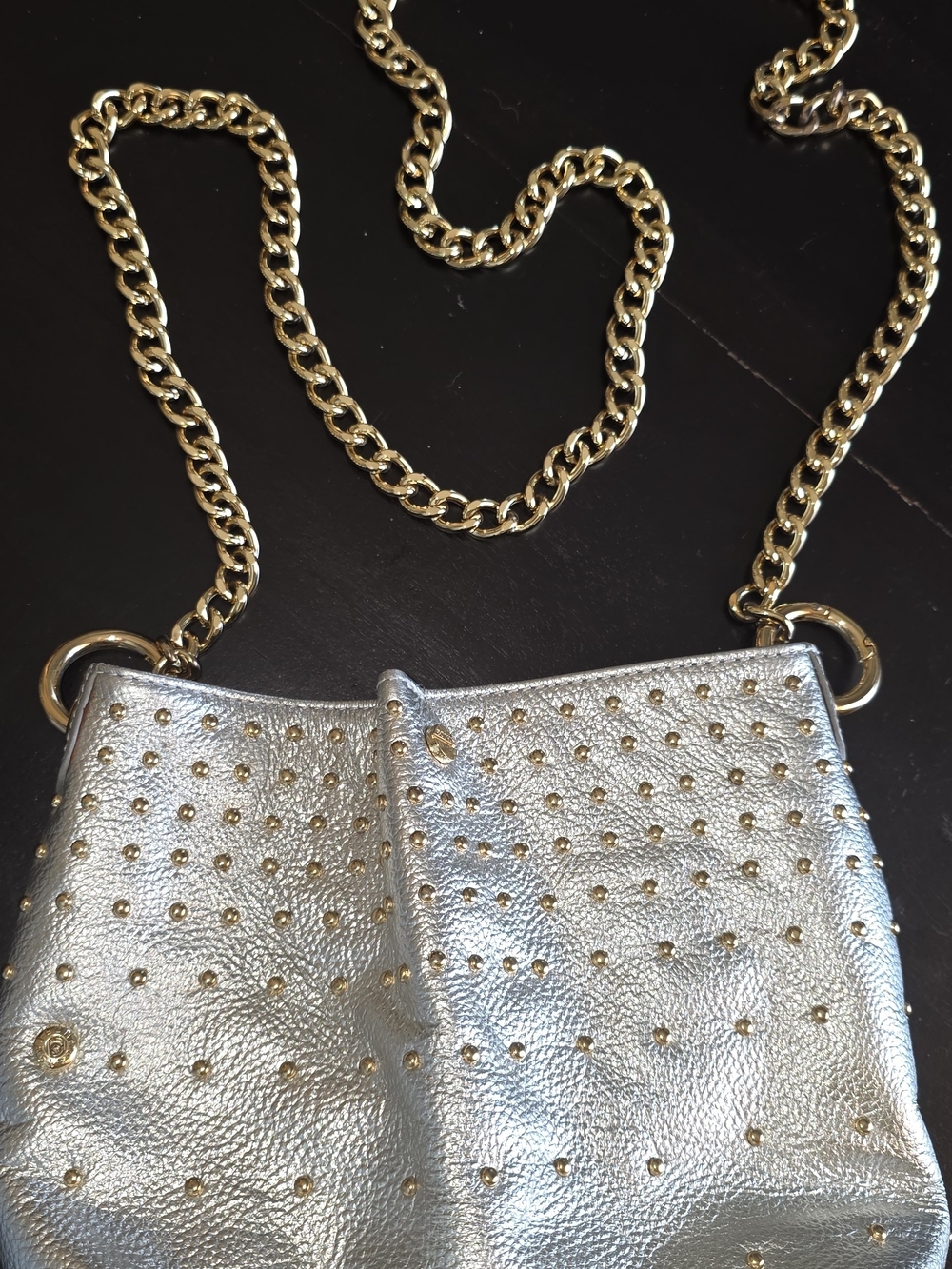 Silver Metallic Crossbody Bag with Gold Studs and Chain Strap